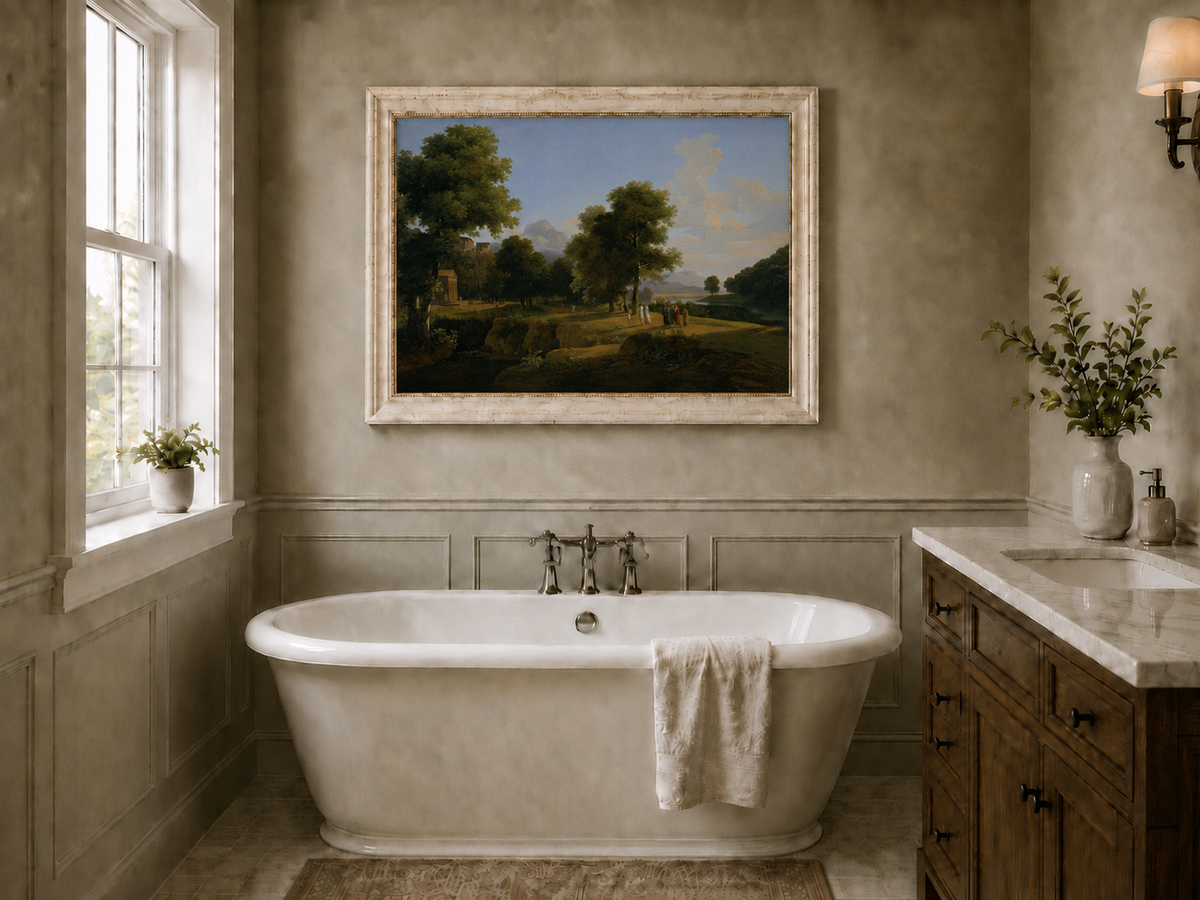 Hand-painted riverside grove with classical figures landscape oil painting displayed in a bathroom interior above a bathtub.
