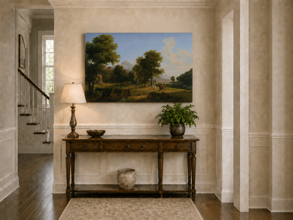 Hand-painted riverside grove with classical figures landscape oil painting displayed in a bathroom interior above a bathtub.