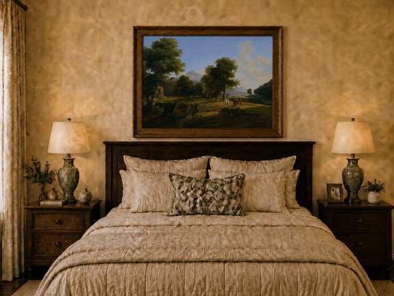 Hand-painted riverside grove with classical figures landscape oil painting displayed above a bed in a bedroom interior.