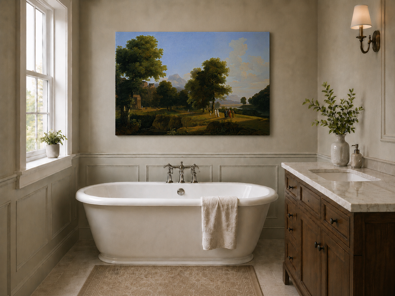 Hand-painted riverside grove with classical figures landscape oil painting displayed above a bed in a bedroom interior.
