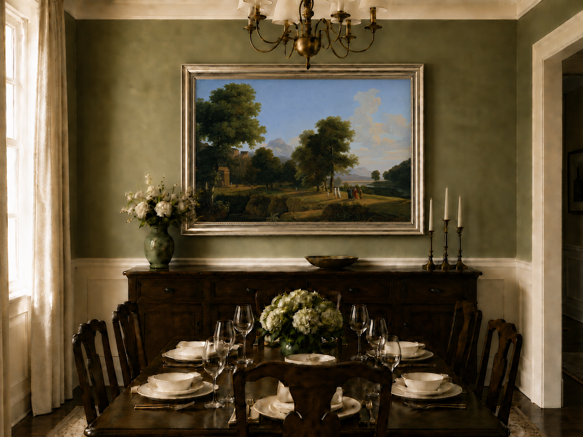 Hand-painted riverside grove with classical figures landscape oil painting displayed in a dining room interior.