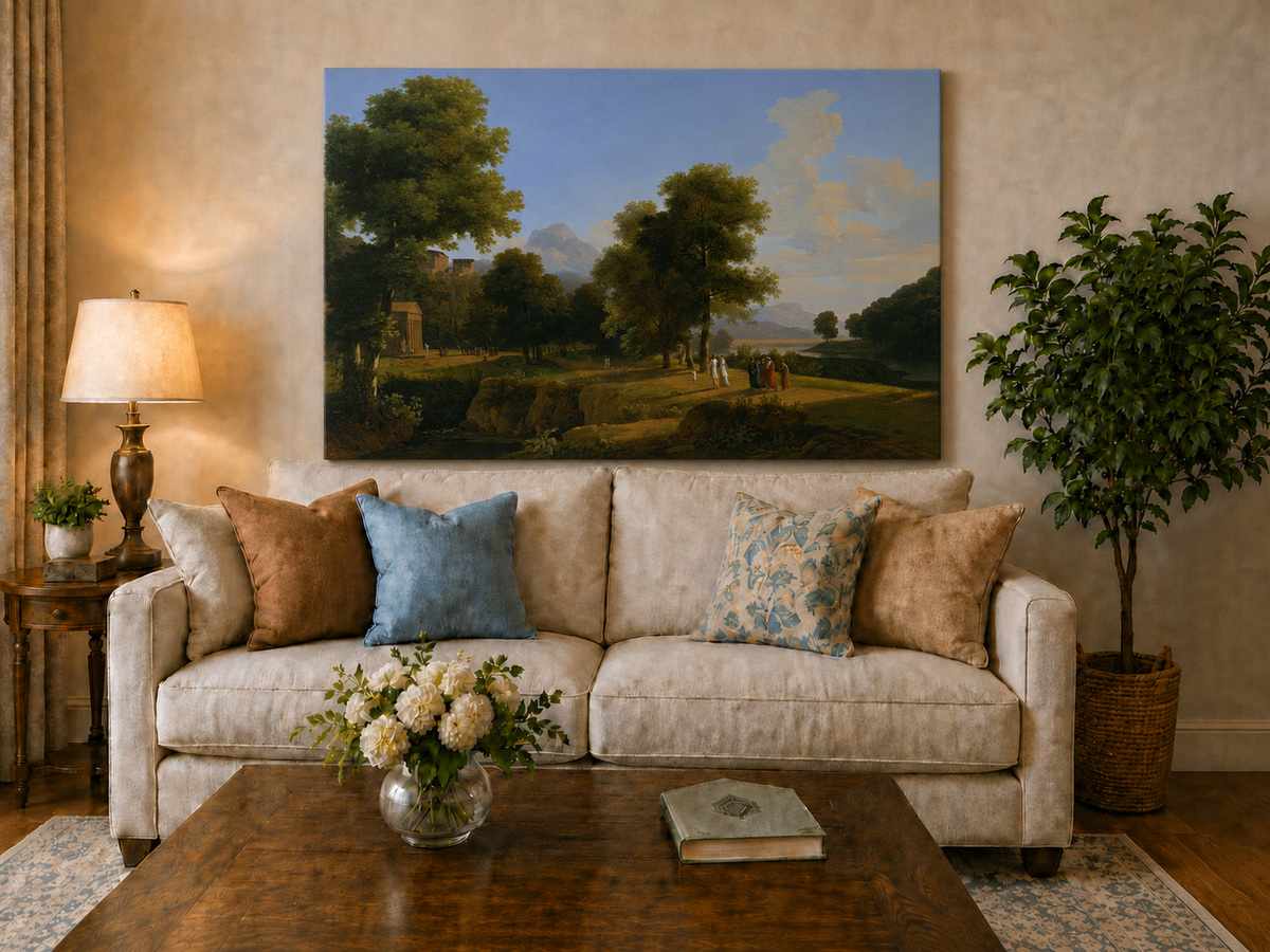 Hand-painted riverside grove with classical figures landscape oil painting displayed in a dining room interior.