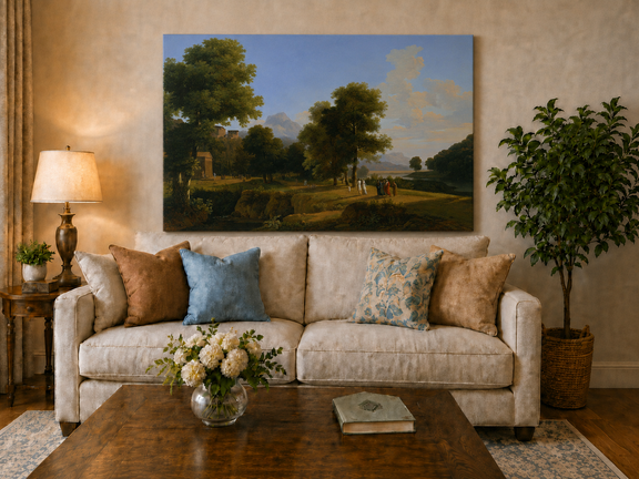 Hand-painted riverside grove with classical figures landscape oil painting displayed in a dining room interior.