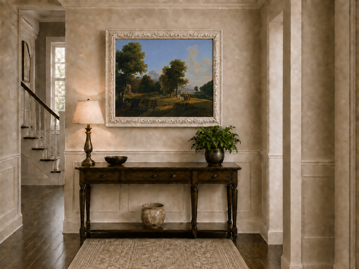 Hand-painted riverside grove with classical figures landscape oil painting displayed above a console table in a hallway interior.