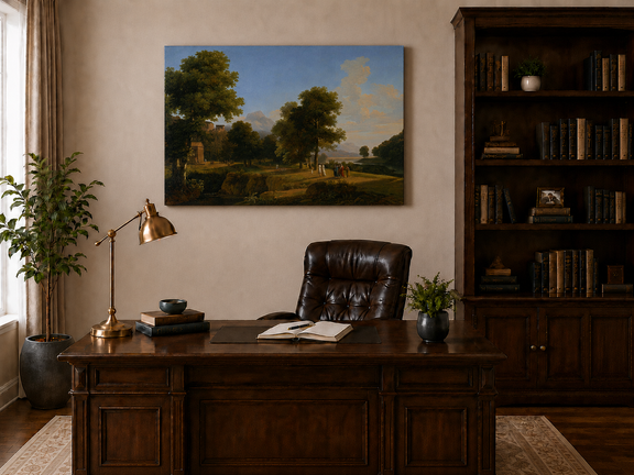 Hand-painted riverside grove with classical figures landscape oil painting displayed above a console table in a hallway interior.