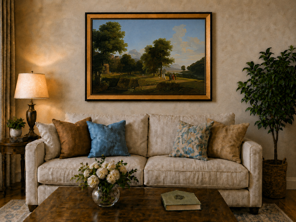 Hand-painted riverside grove with classical figures landscape oil painting displayed above a sofa in a living room interior.