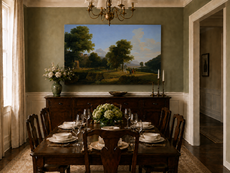 Hand-painted riverside grove with classical figures landscape oil painting displayed above a sofa in a living room interior.