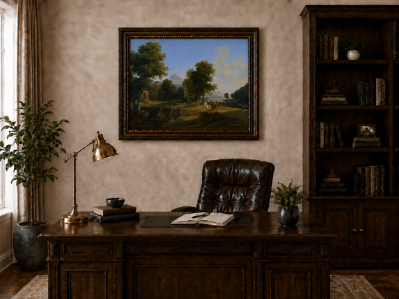 Hand-painted riverside grove with classical figures landscape oil painting displayed above a desk in a home office interior.