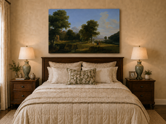 Hand-painted riverside grove with classical figures landscape oil painting displayed above a desk in a home office interior.