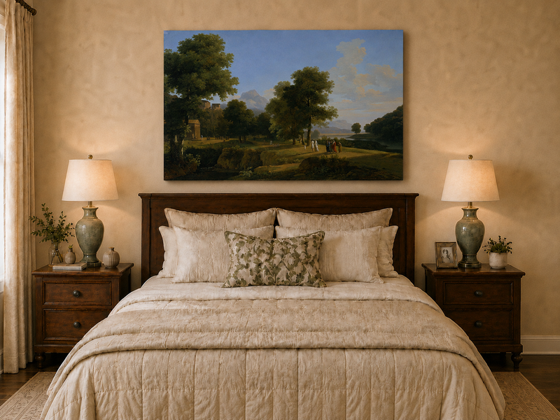 Hand-painted riverside grove with classical figures landscape oil painting displayed above a desk in a home office interior.