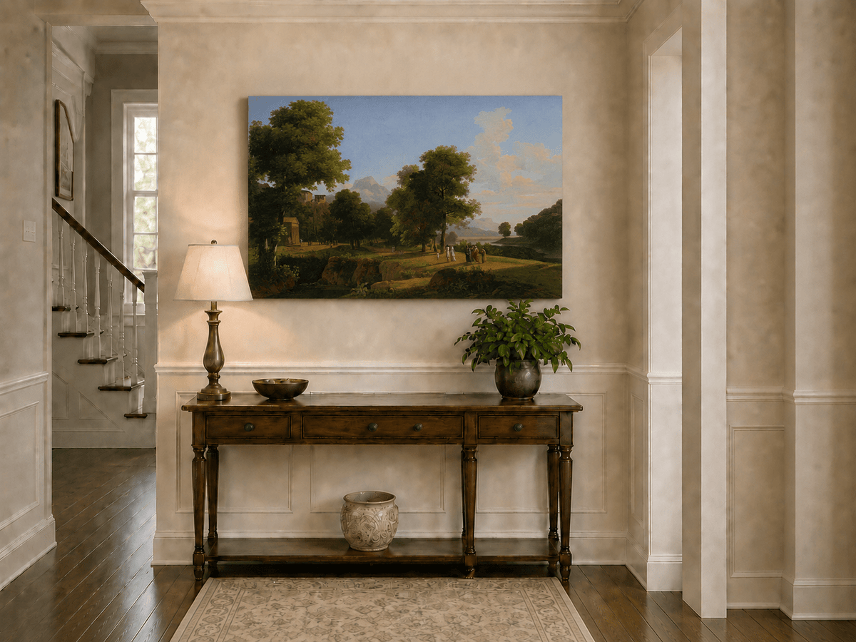 Hand-painted riverside grove with classical figures landscape oil painting displayed in a bathroom interior above a bathtub.