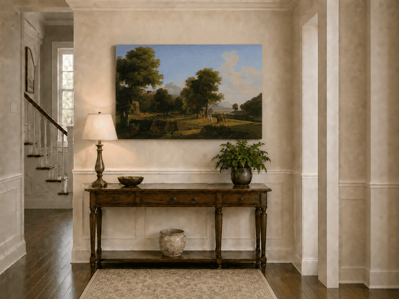 Hand-painted riverside grove with classical figures landscape oil painting displayed in a bathroom interior above a bathtub.