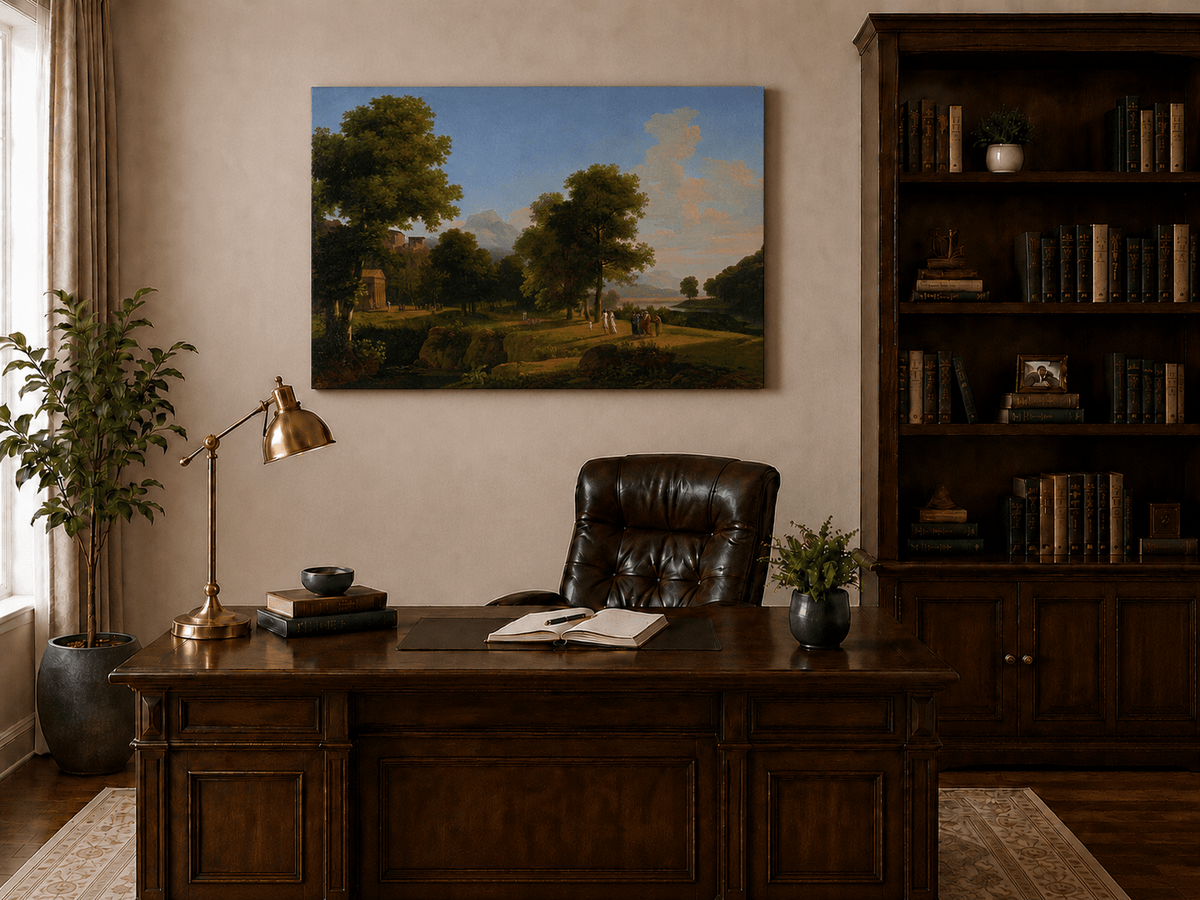 Hand-painted riverside grove with classical figures landscape oil painting displayed above a console table in a hallway interior.
