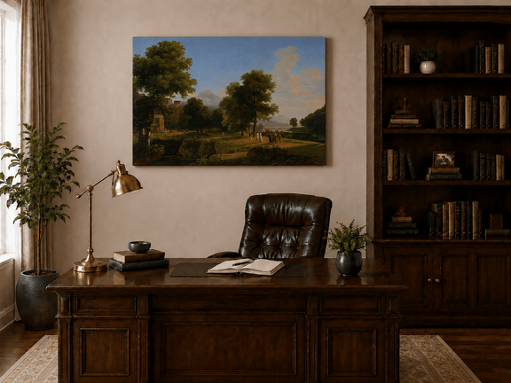 Hand-painted riverside grove with classical figures landscape oil painting displayed above a console table in a hallway interior.