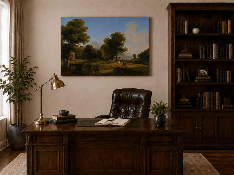 Hand-painted riverside grove with classical figures landscape oil painting displayed above a console table in a hallway interior.