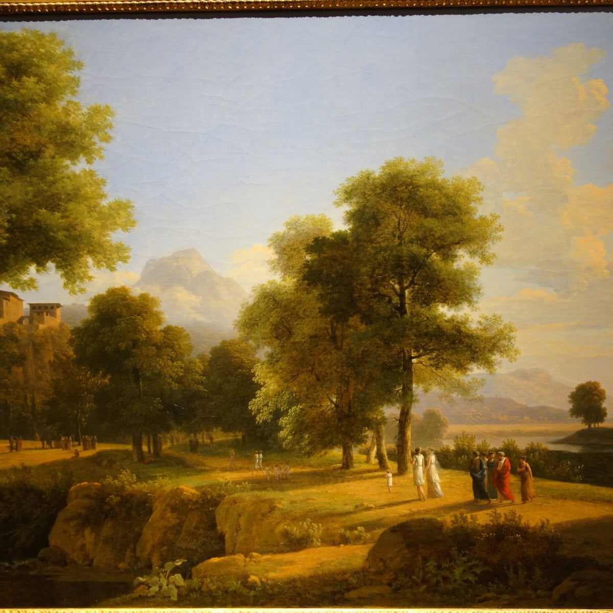 Hand-painted riverside grove with classical figures landscape oil painting on canvas