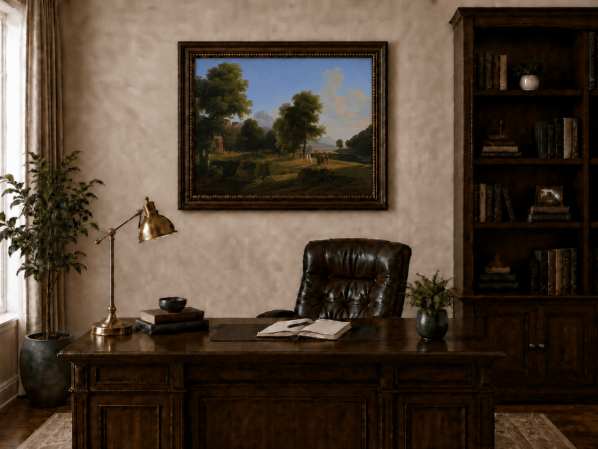 Hand-painted riverside grove with classical figures landscape oil painting displayed above a desk in a home office interior.