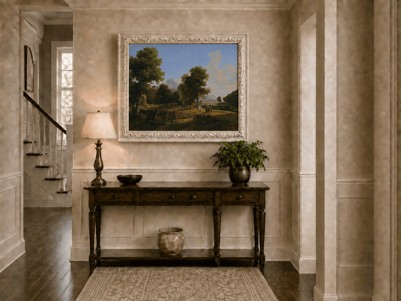Hand-painted riverside grove with classical figures landscape oil painting displayed above a console table in a hallway interior.