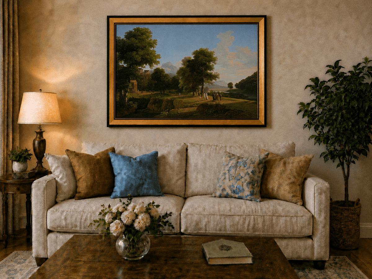 Hand-painted riverside grove with classical figures landscape oil painting displayed above a sofa in a living room interior.