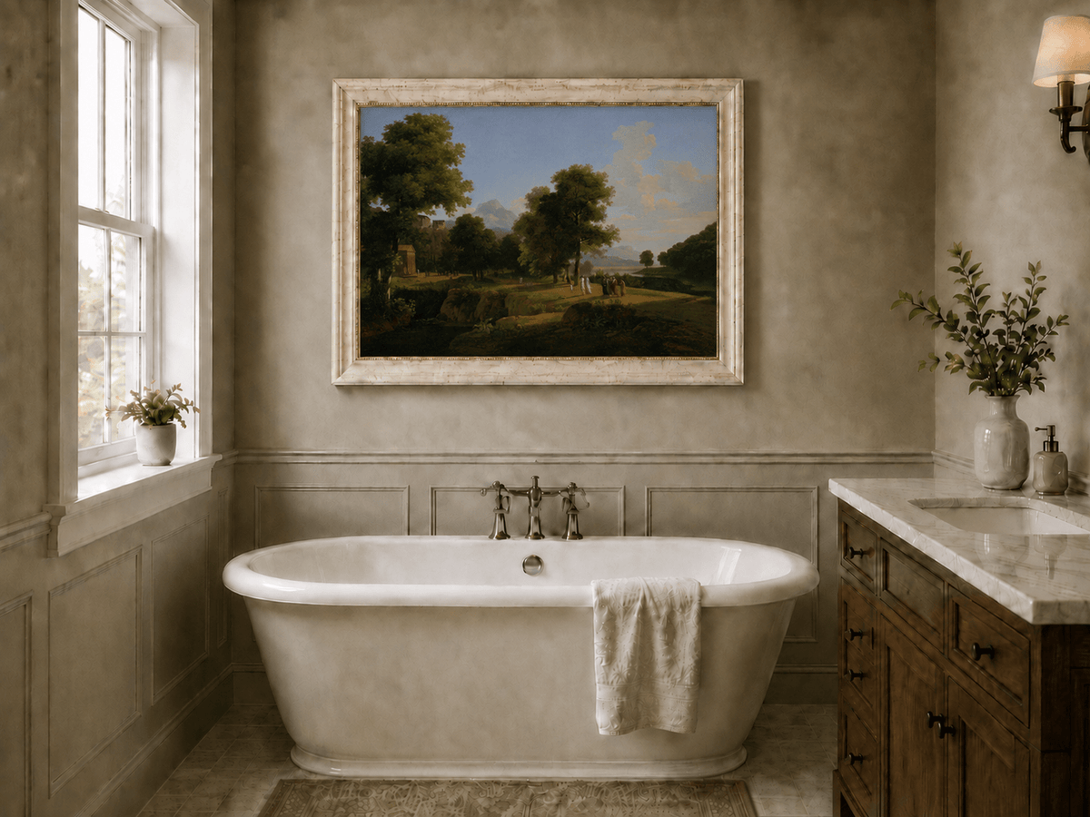 Hand-painted riverside grove with classical figures landscape oil painting displayed in a bathroom interior above a bathtub.