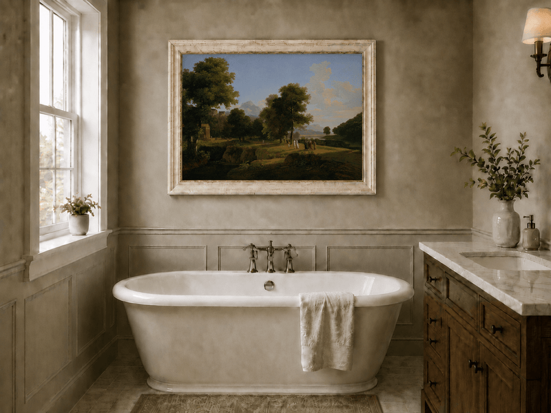 Hand-painted riverside grove with classical figures landscape oil painting displayed in a bathroom interior above a bathtub.