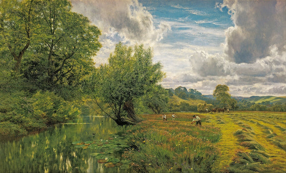 Hand-painted riverside hayfield with willow trees landscape oil painting on canvas