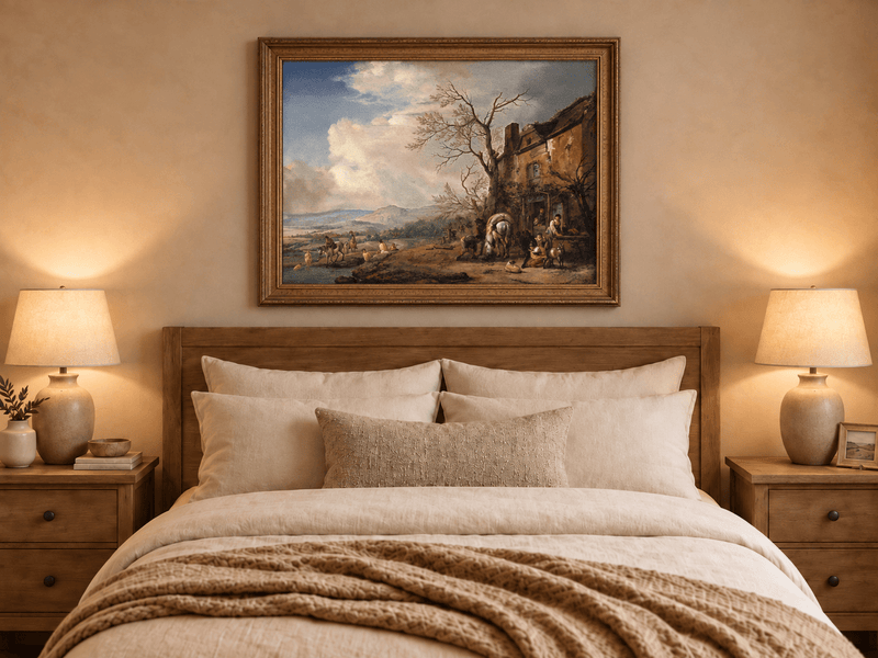 Landscape Oil Painting - Riverside Inn with Horses and Figures
