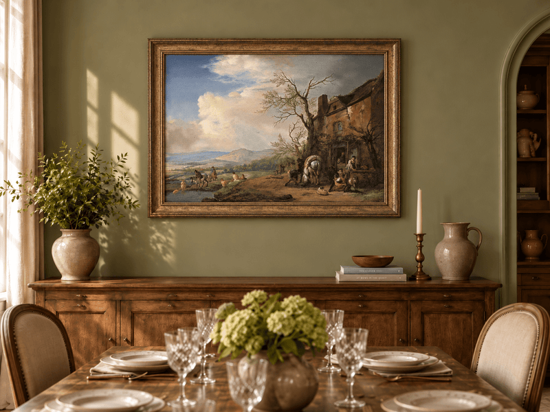 Landscape Oil Painting - Riverside Inn with Horses and Figures