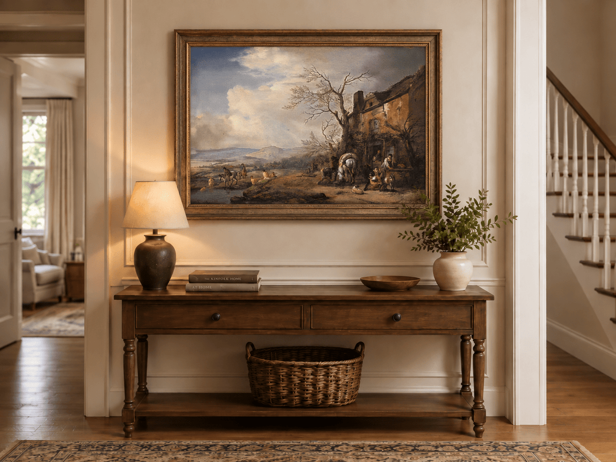 Landscape Oil Painting - Riverside Inn with Horses and Figures