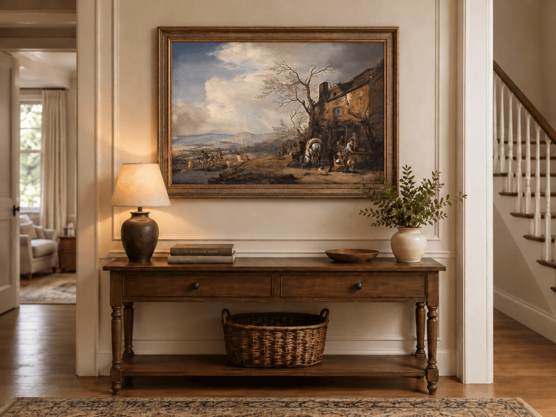 Landscape Oil Painting - Riverside Inn with Horses and Figures