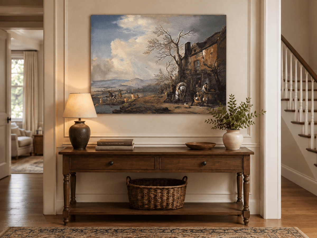Landscape Oil Painting - Riverside Inn with Horses and Figures
