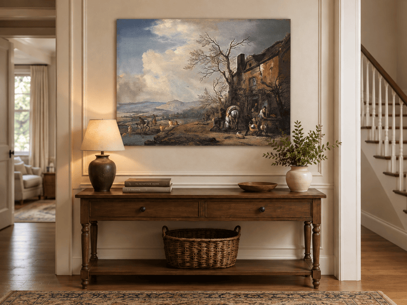 Landscape Oil Painting - Riverside Inn with Horses and Figures