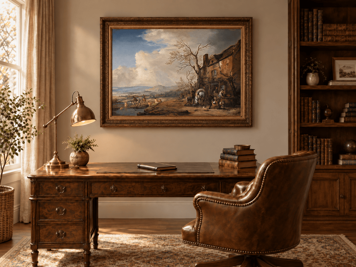 Landscape Oil Painting - Riverside Inn with Horses and Figures