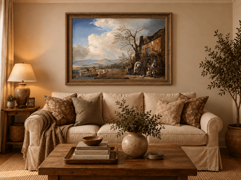 Landscape Oil Painting - Riverside Inn with Horses and Figures