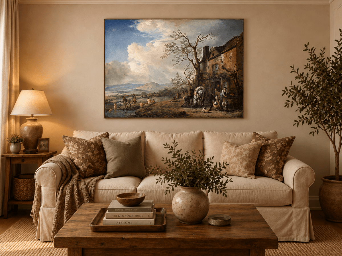 Landscape Oil Painting - Riverside Inn with Horses and Figures