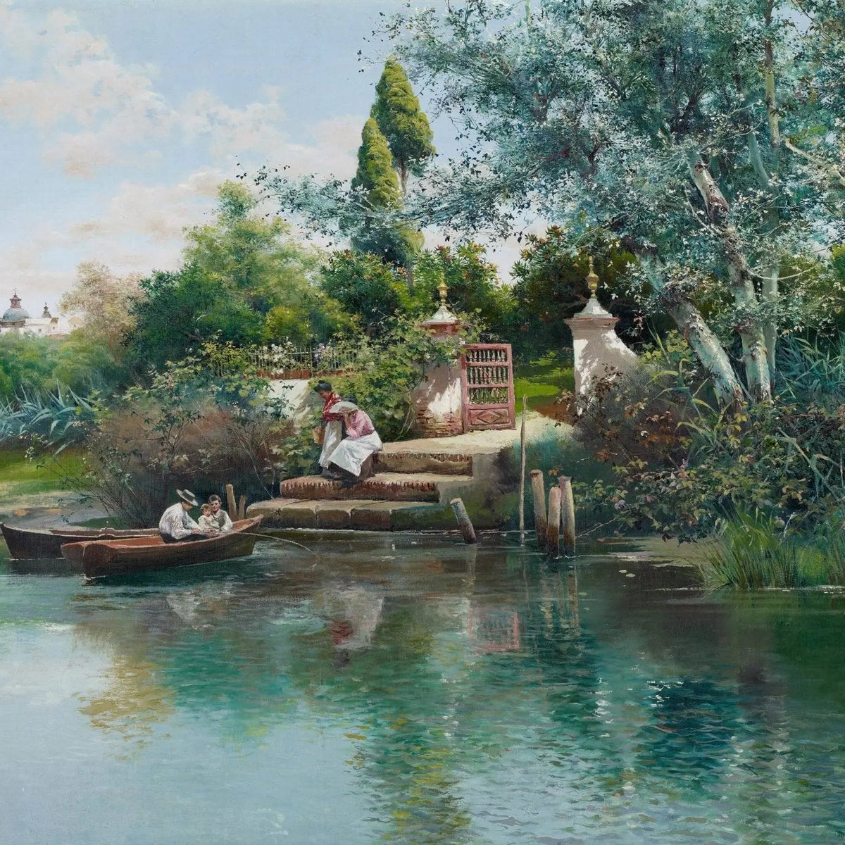 Landscape Oil Painting - Riverside Landing with Boats and Figures - Oil Painting Haven