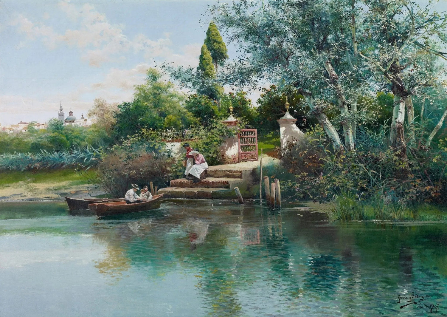 Landscape Oil Painting - Riverside Landing with Boats and Figures - Oil Painting Haven