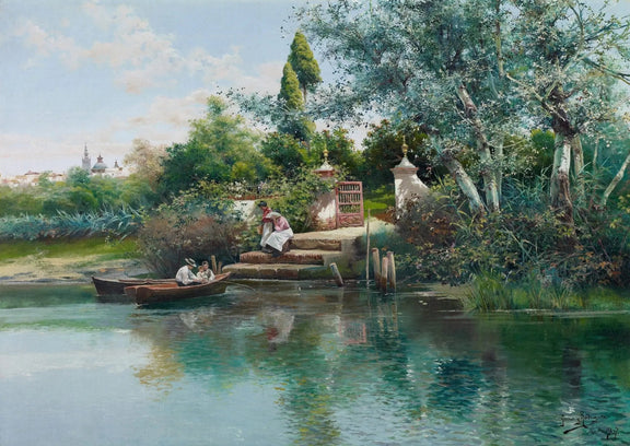 Landscape Oil Painting - Riverside Landing with Boats and Figures - Oil Painting Haven