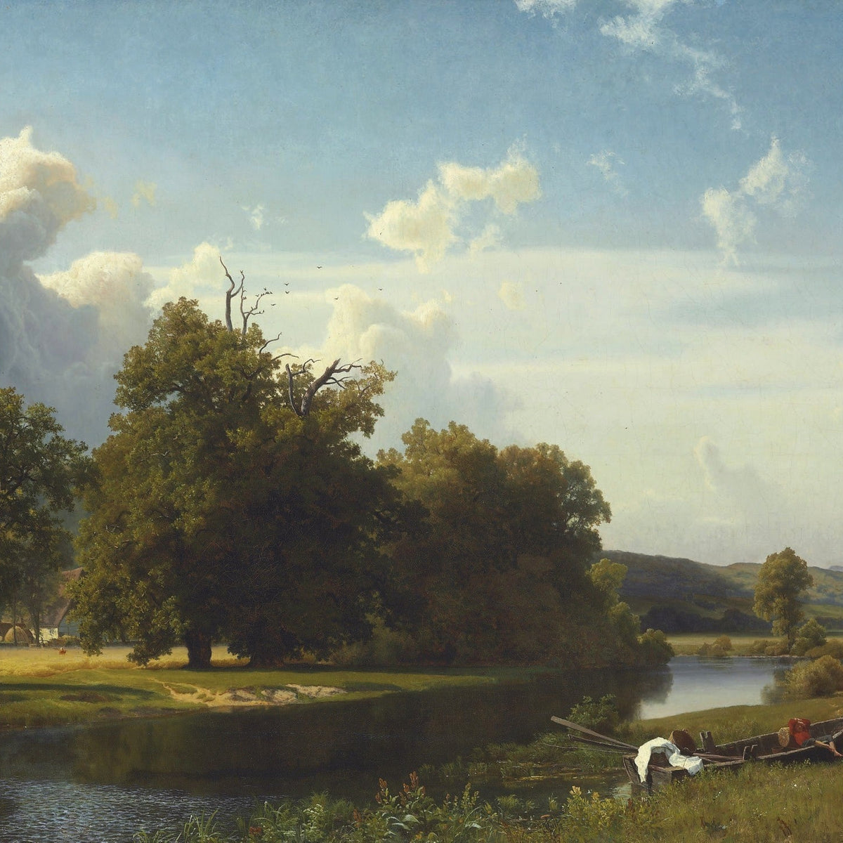 Landscape Oil Painting - Riverside, Large Oak Tree, Boat & Distant Cottage - Oil Painting Haven