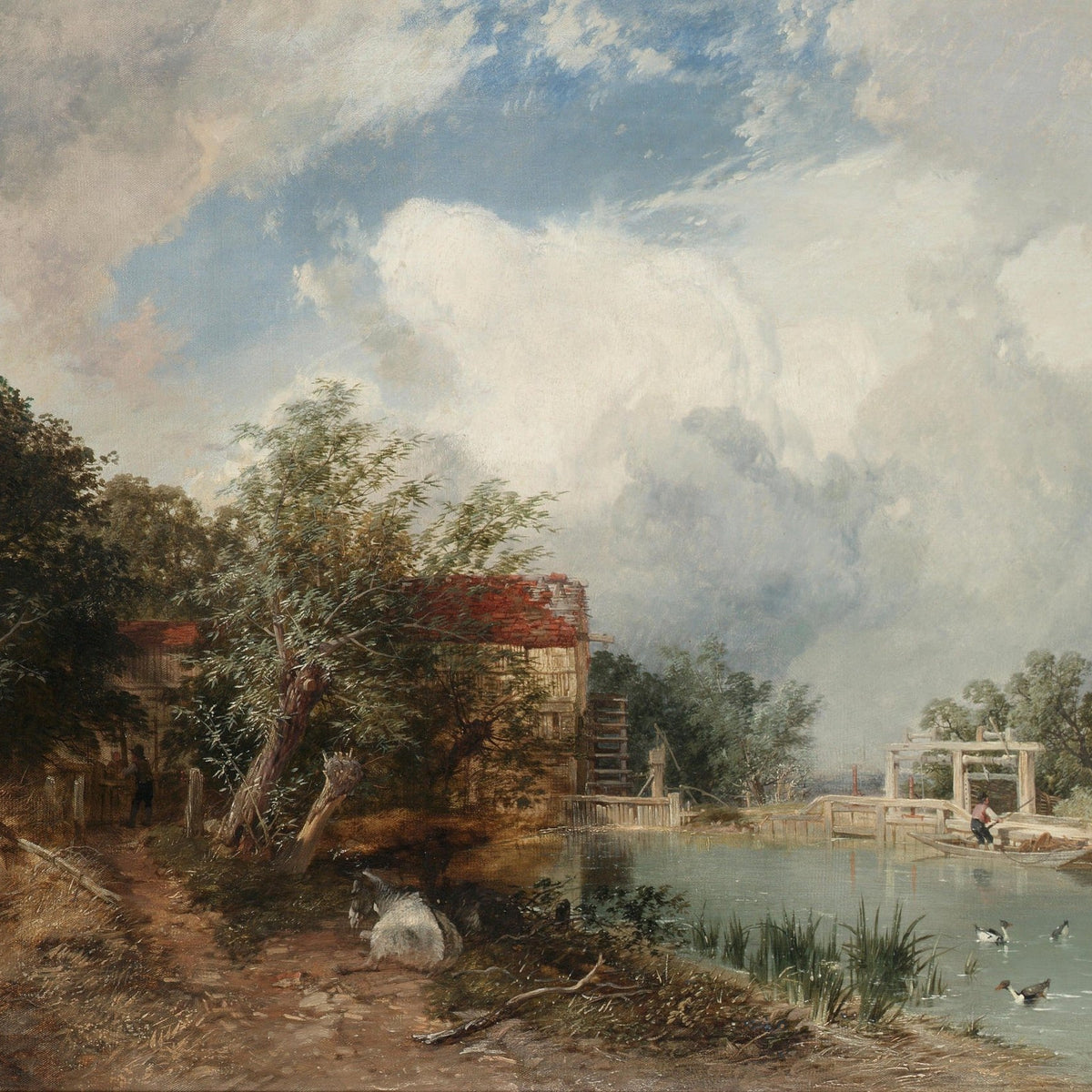 Hand-painted riverside lock and mill under cloudy sky landscape oil painting on canvas