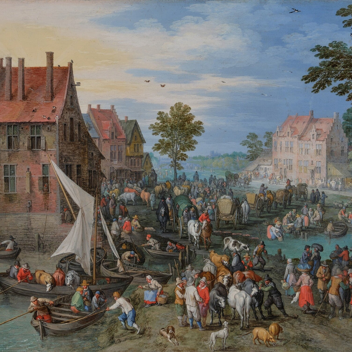 Landscape Oil Painting - Riverside Market, Boats and Village Life - Oil Painting Haven