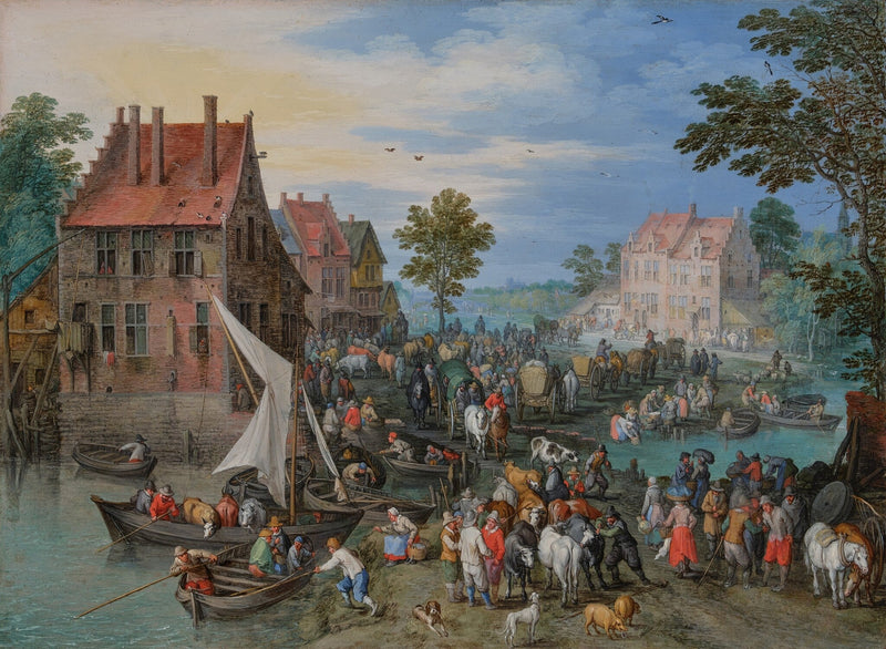 Landscape Oil Painting - Riverside Market, Boats and Village Life - Oil Painting Haven