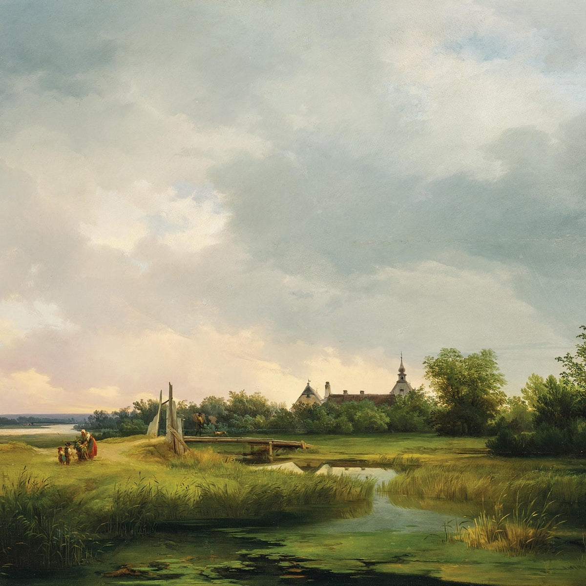 Hand-painted riverside marsh and distant chapel landscape oil painting on canvas