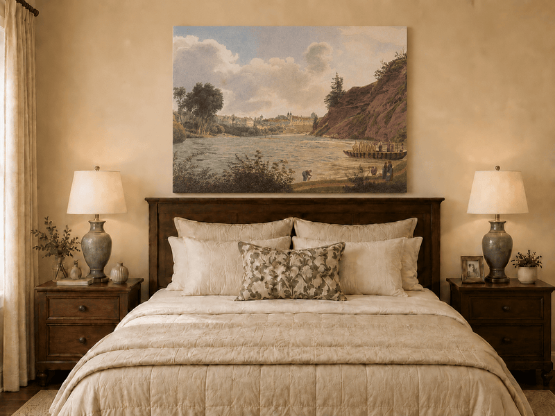Peinture à l'huile de paysage - Gouffre rocheux spectaculaire avec personnages