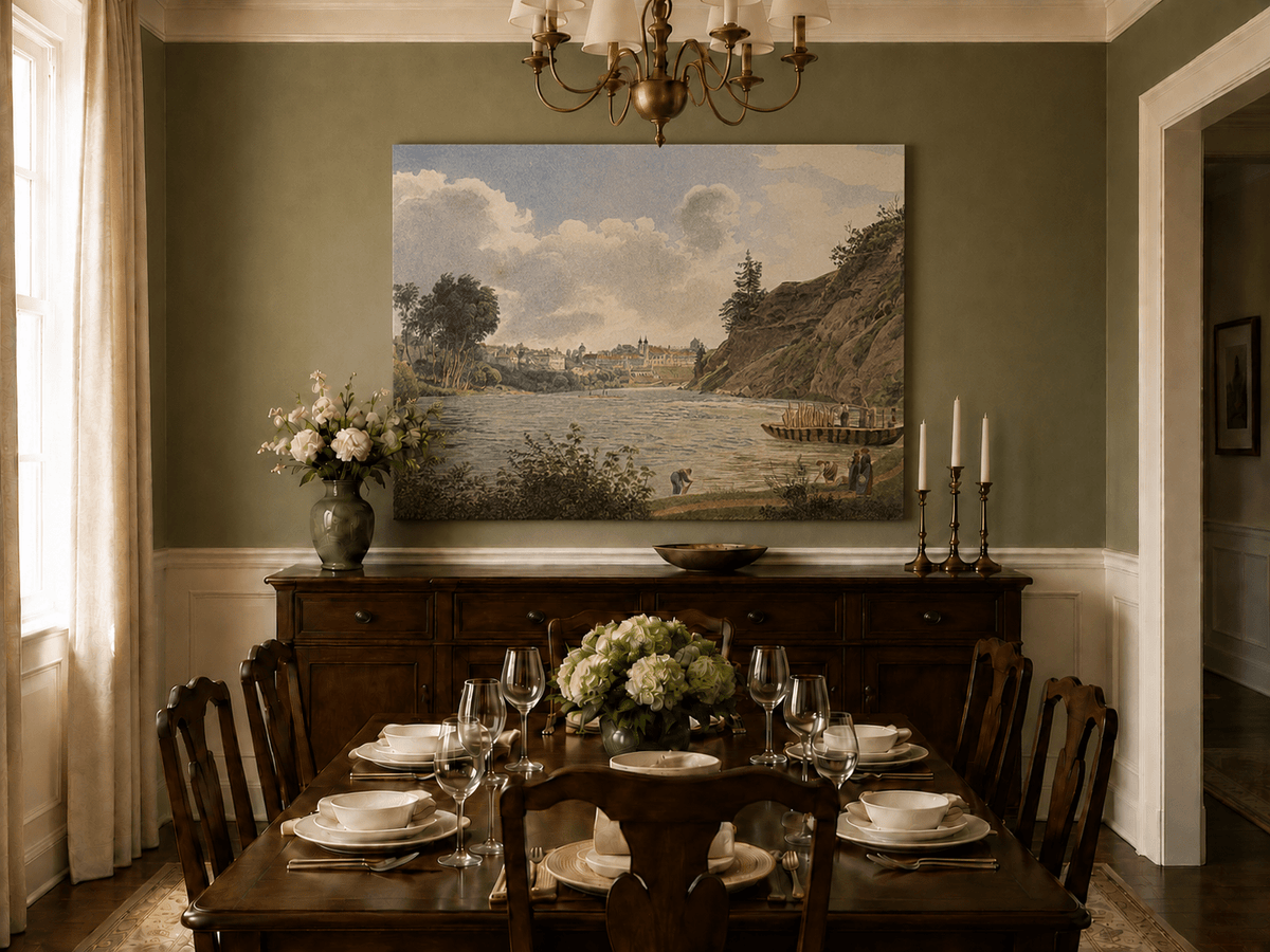 Peinture à l'huile de paysage - Gouffre rocheux spectaculaire avec personnages