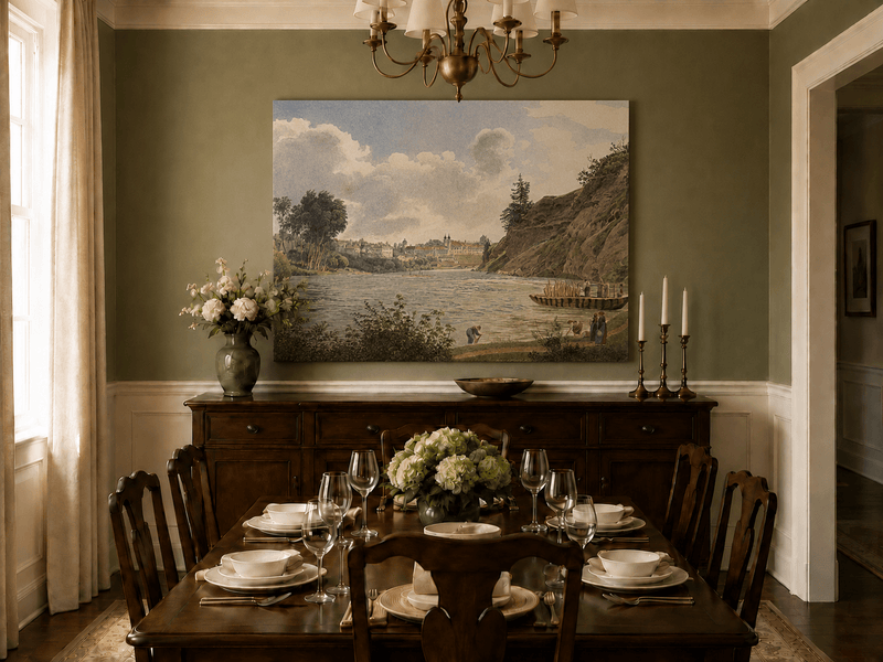 Peinture à l'huile de paysage - Gouffre rocheux spectaculaire avec personnages