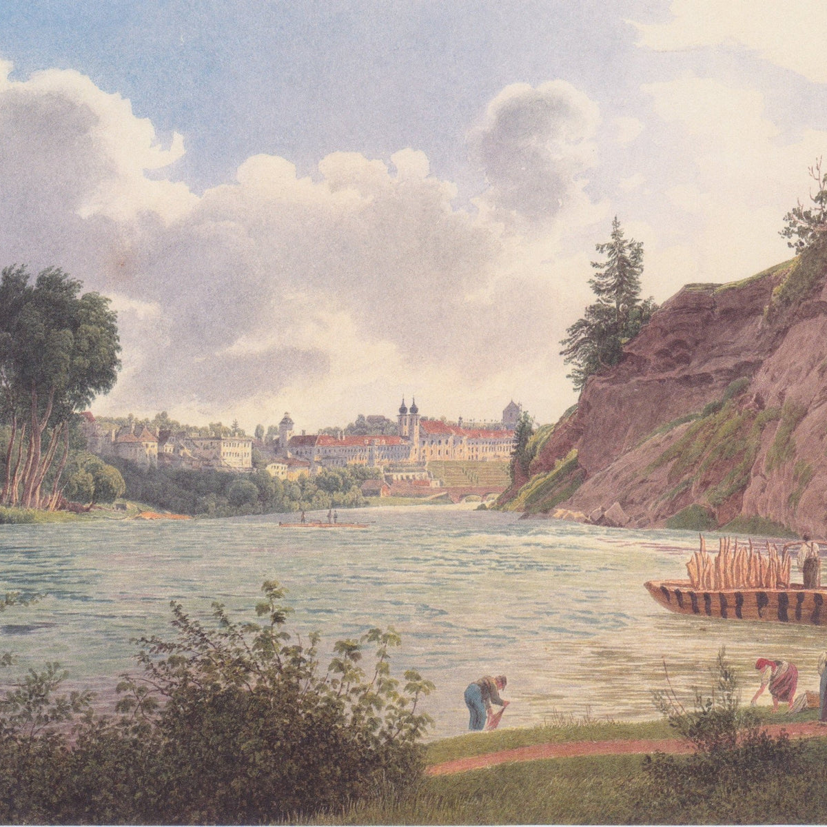 Hand-painted riverside monastery and boat scene landscape oil painting on canvas