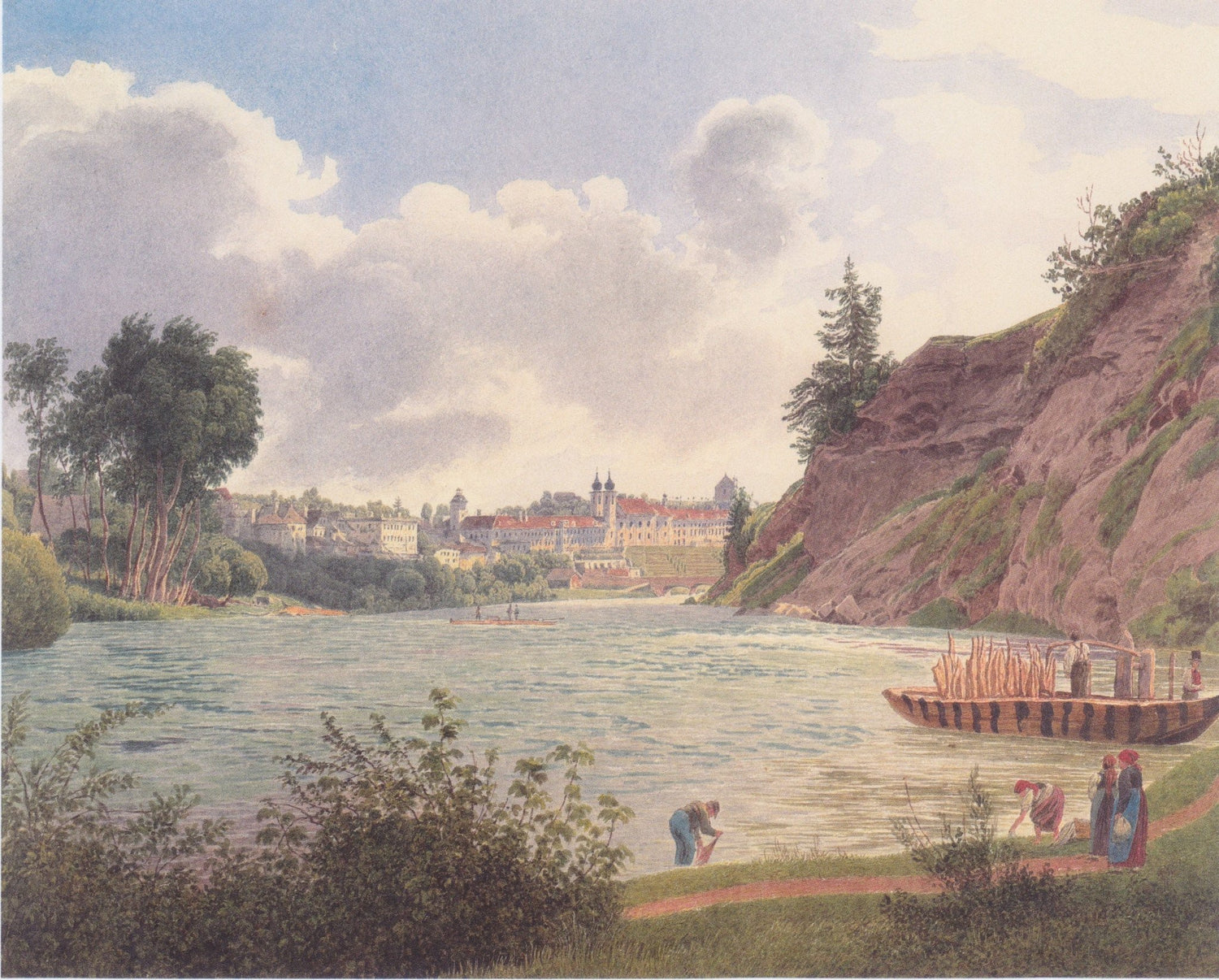 Hand-painted riverside monastery and boat scene landscape oil painting on canvas