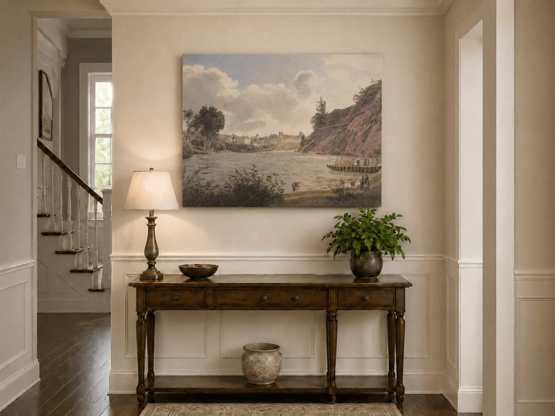 Peinture à l'huile de paysage - Gouffre rocheux spectaculaire avec personnages