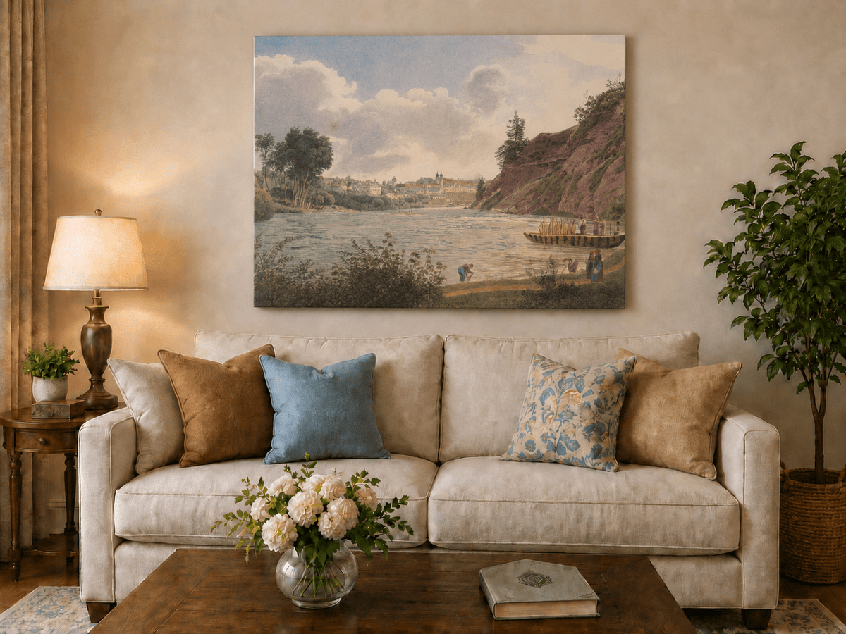 Peinture à l'huile de paysage - Gouffre rocheux spectaculaire avec personnages